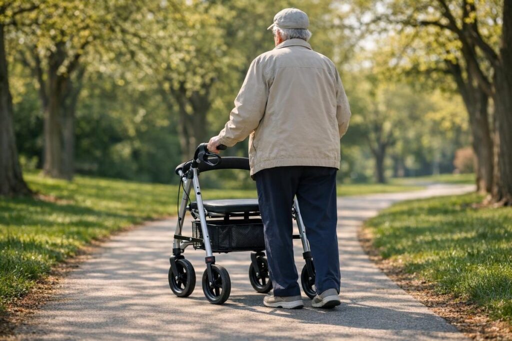 Senior using a full-size rollator mobility walker on a park pathway