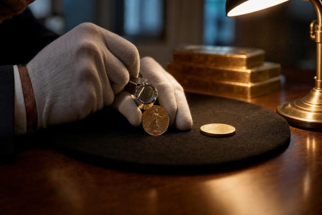 Where to buy gold: a gloved coin dealer inspecting a one-ounce gold coin with a jeweler's loupe beside stacked bullion bars