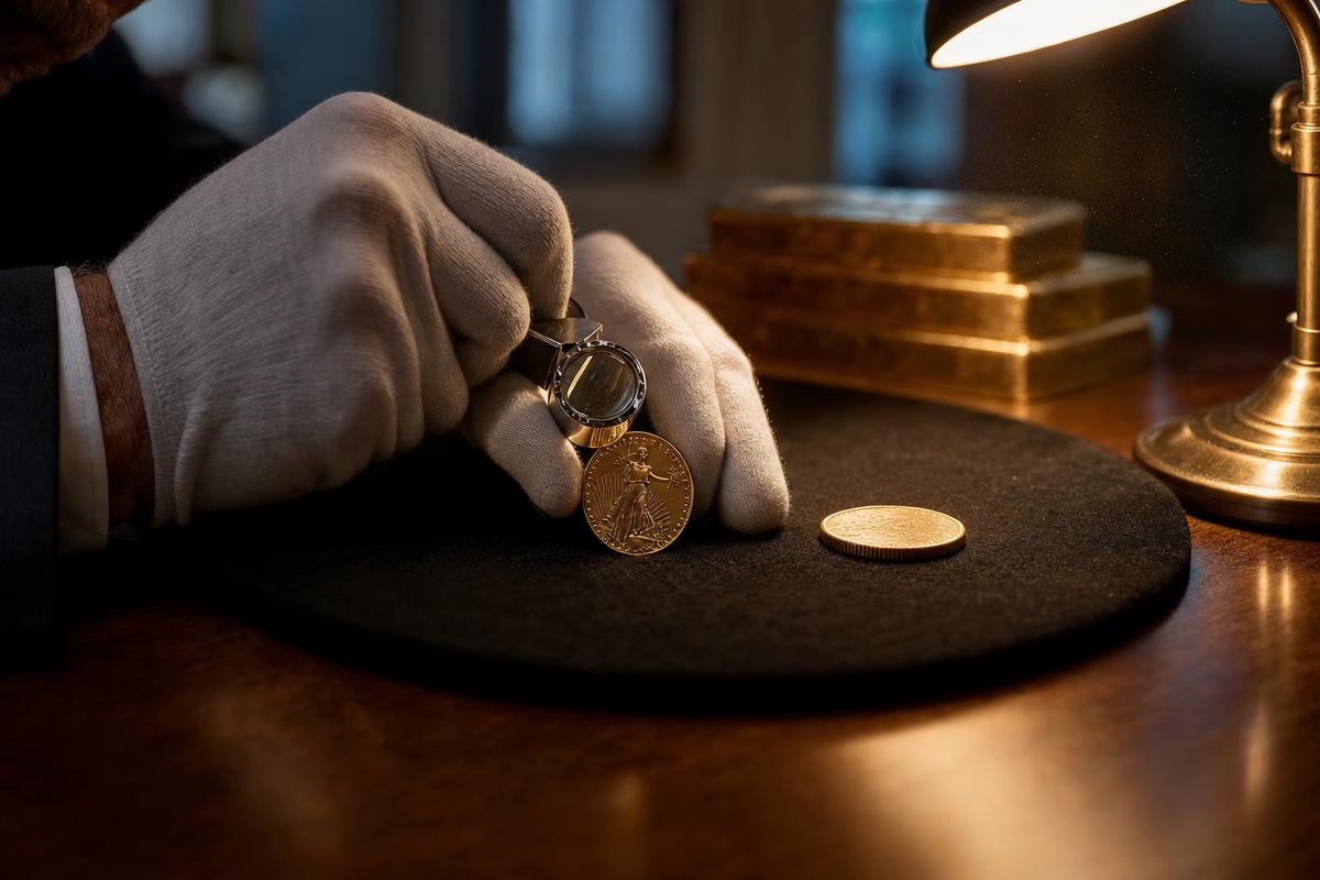 Where to buy gold: a gloved coin dealer inspecting a one-ounce gold coin with a jeweler's loupe beside stacked bullion bars