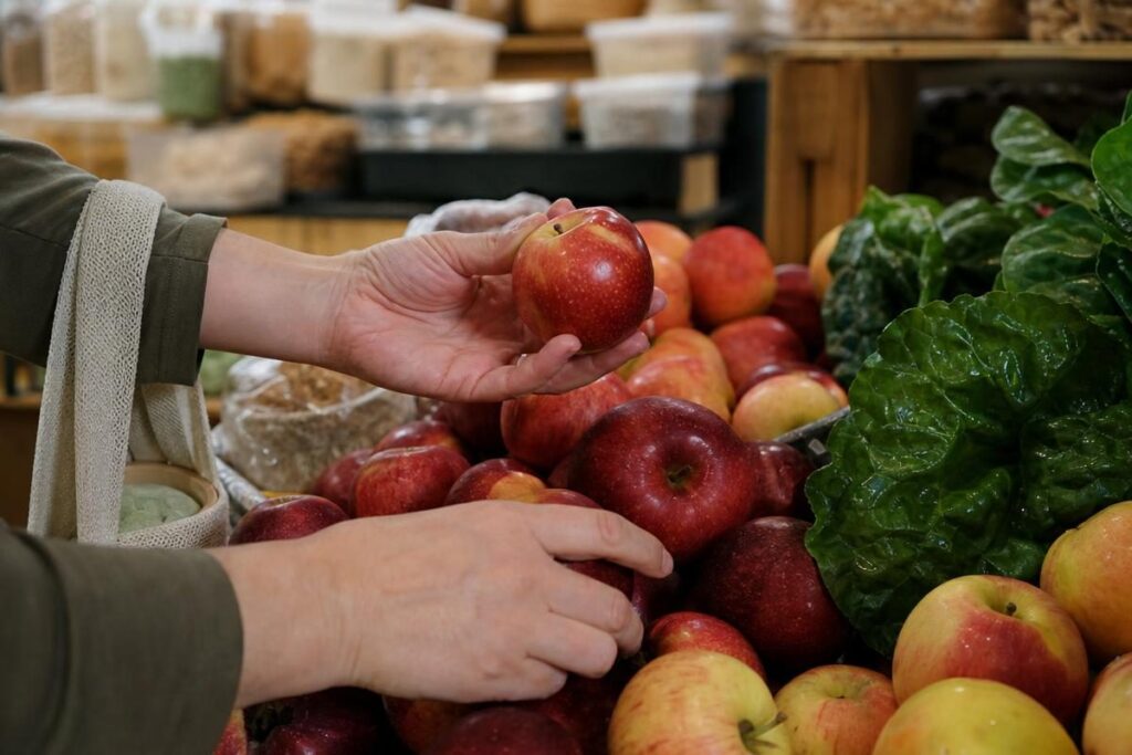 Hands choosing fresh apples at an organic market, some of the best things to buy at Whole Foods