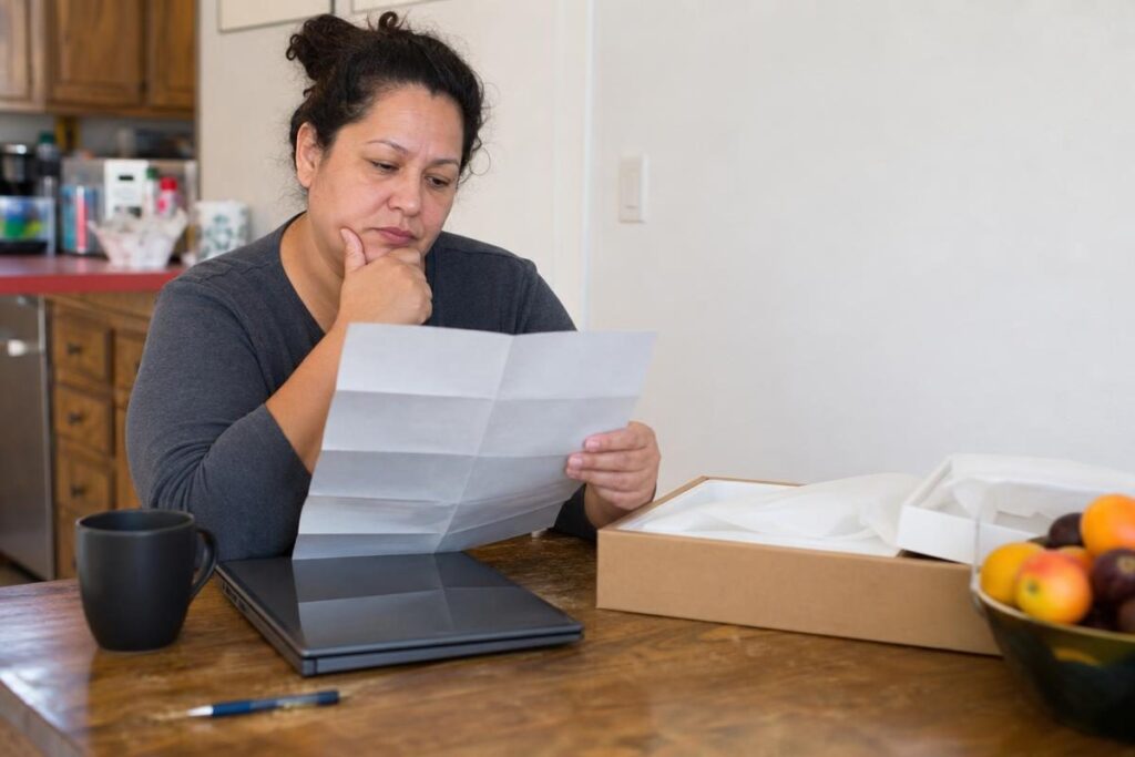 A shopper reading a protection plan brochure beside a new laptop, weighing is an extended warranty worth it