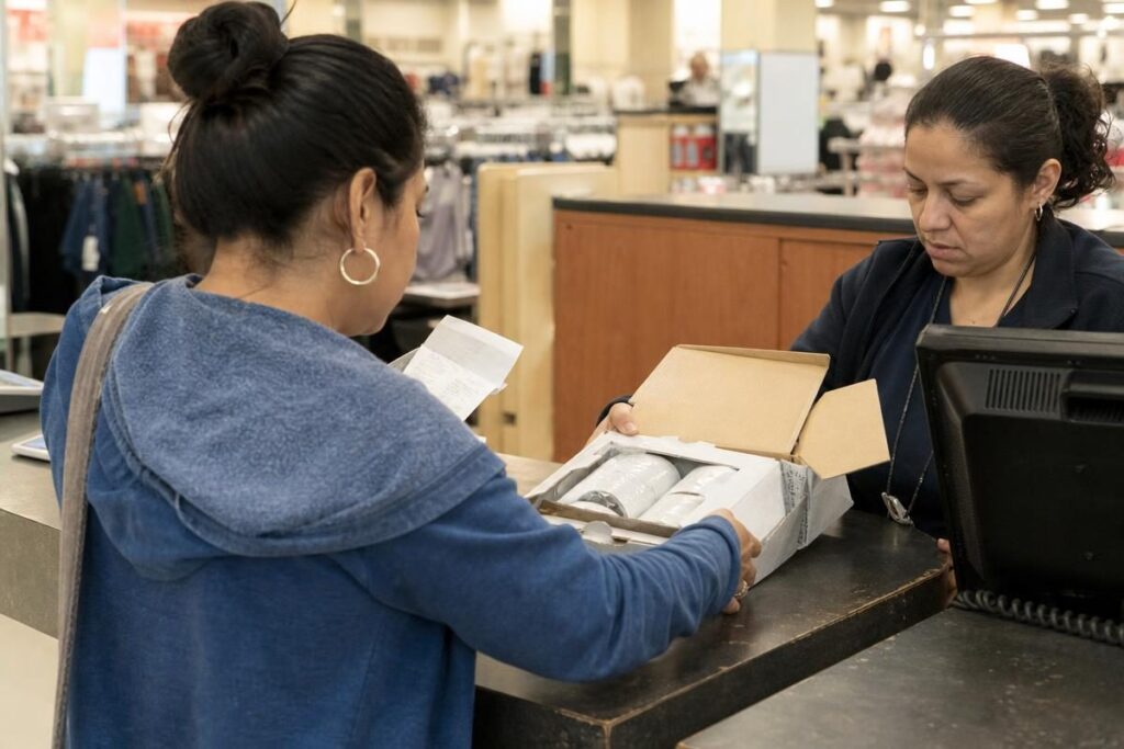 A shopper returning an opened product at a store counter, comparing stores with the best return policy
