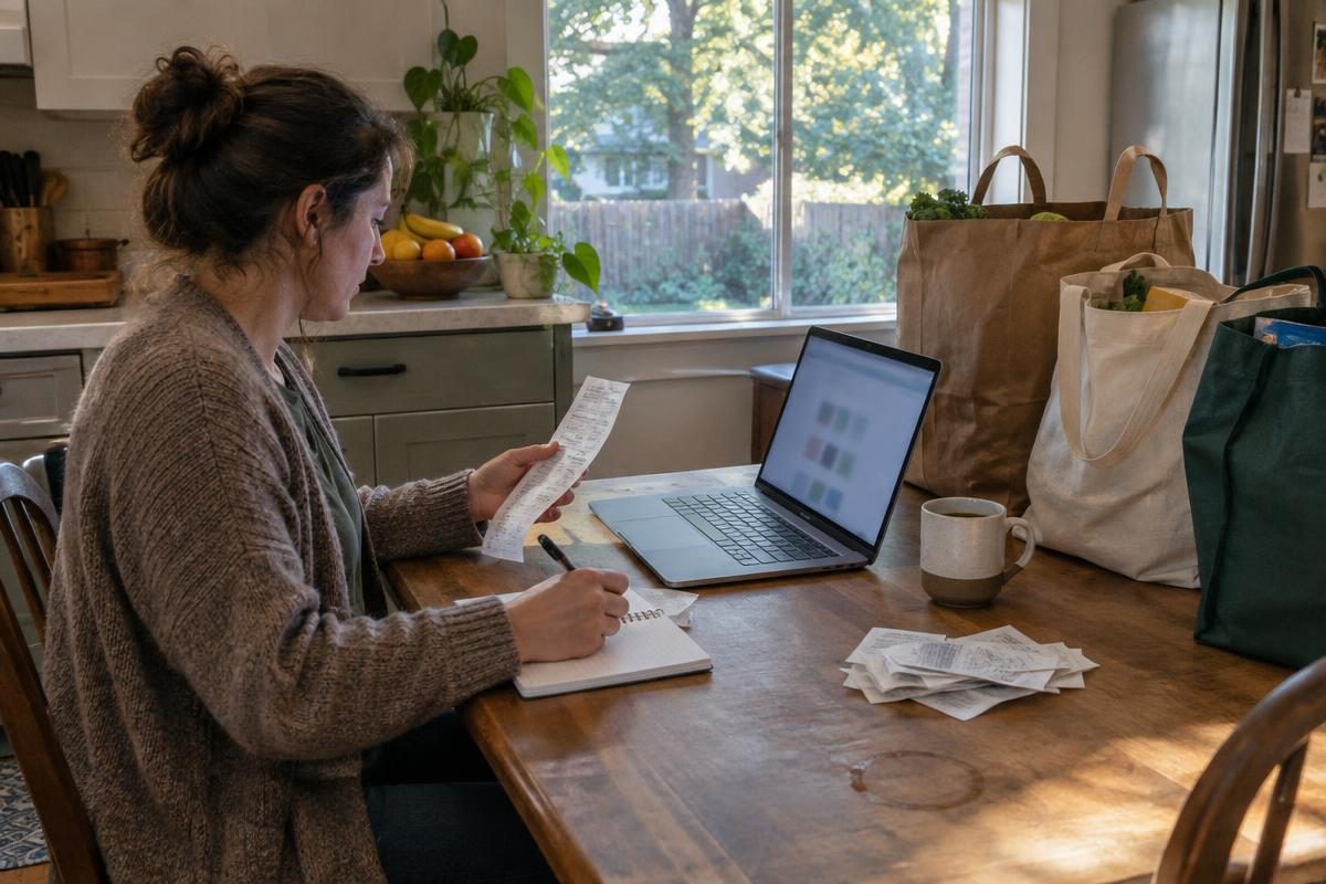 Where to Buy Guides writer comparing a store receipt with prices on a laptop at a kitchen table