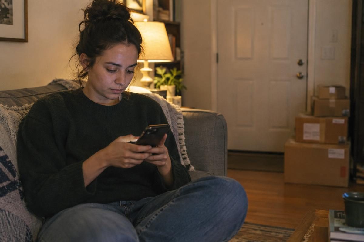 Person on a couch typing a message to contact us at Where to Buy Guides, delivery boxes nearby