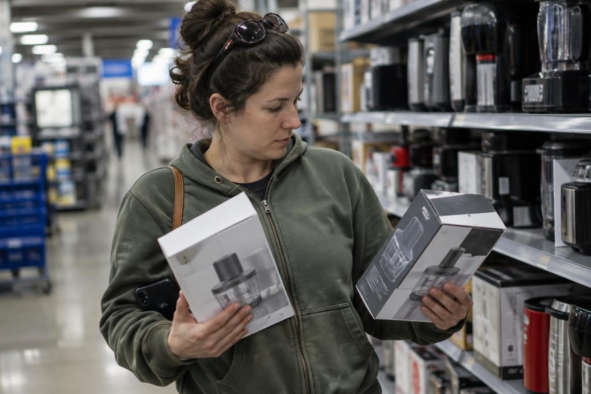 Shopper comparing two products in a store aisle, the kind of question the Where to Buy Guides FAQ answers